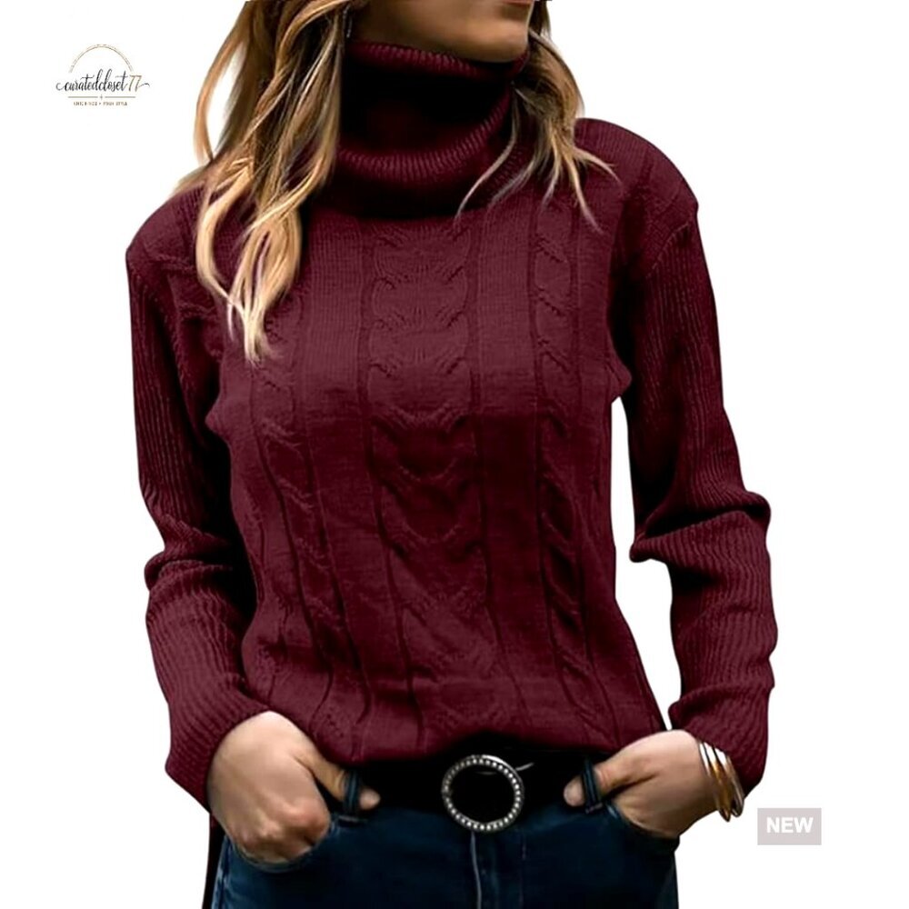 Acrylic Turtleneck Pullover Sweater Long Sleeve Slim Fit Cable Knit